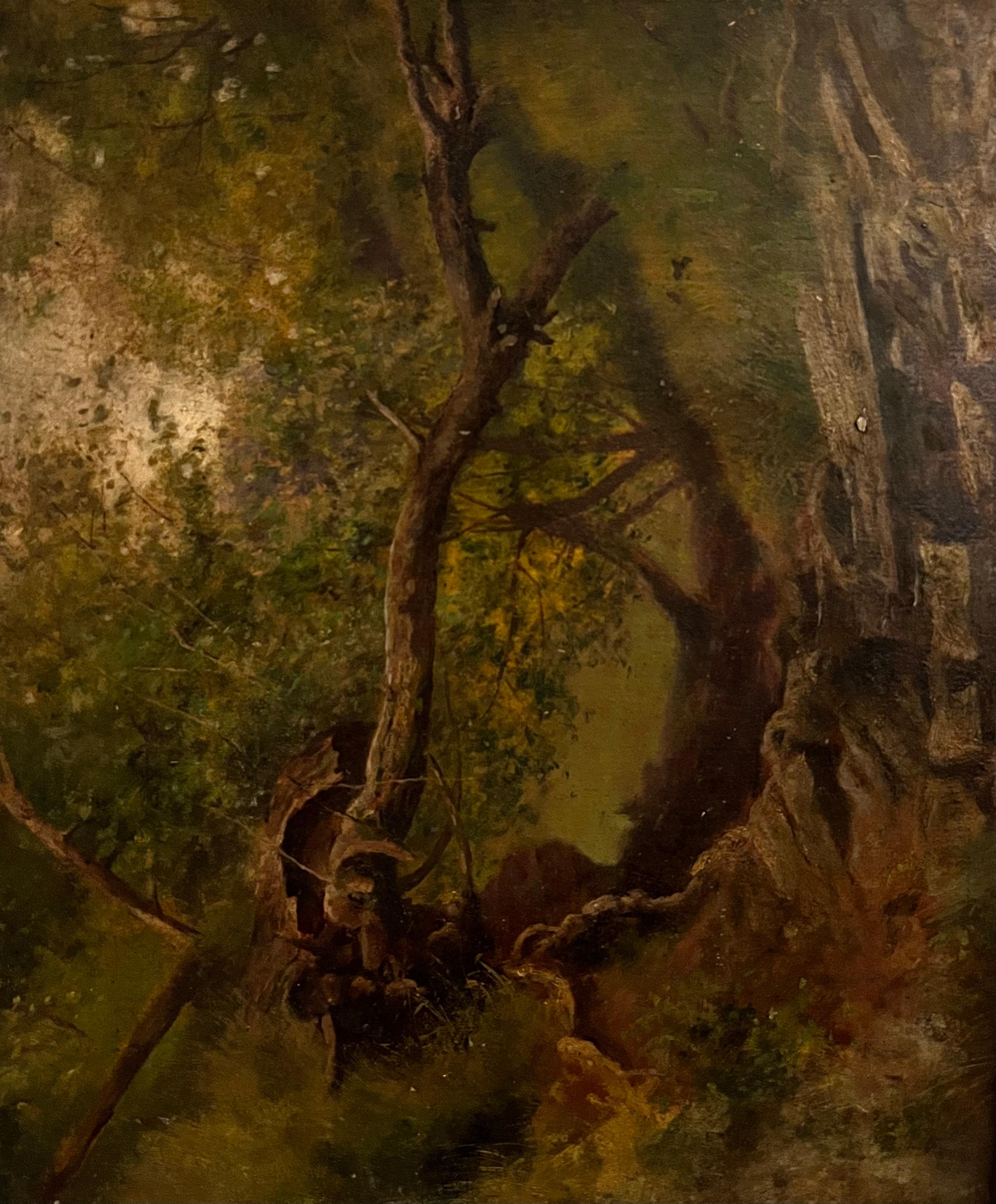 Landscape Painting Antique English  - Ancien arbre à huile victorien anglais tombé d'une souche d'arbre tombée 