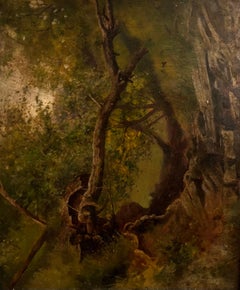 Antiguo Óleo Inglés Victoriano Árbol Caído Del Tocón Roto