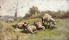Antique Victorian English Oil Flock Of Sheep Landscape