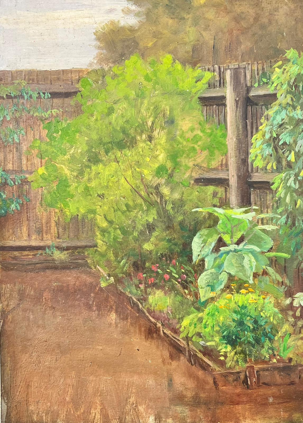 Artist/ School: English School, late 19th/ early 20th century.
The painting came from a large collection of works by one artist. A very few of them are signed what looks to be 'F. Wardle'. 

Title: Garden Food Patch

Medium: oil on thin canvas,