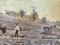 Antique Victorian English Oil Horses Harvesting With The Farmers