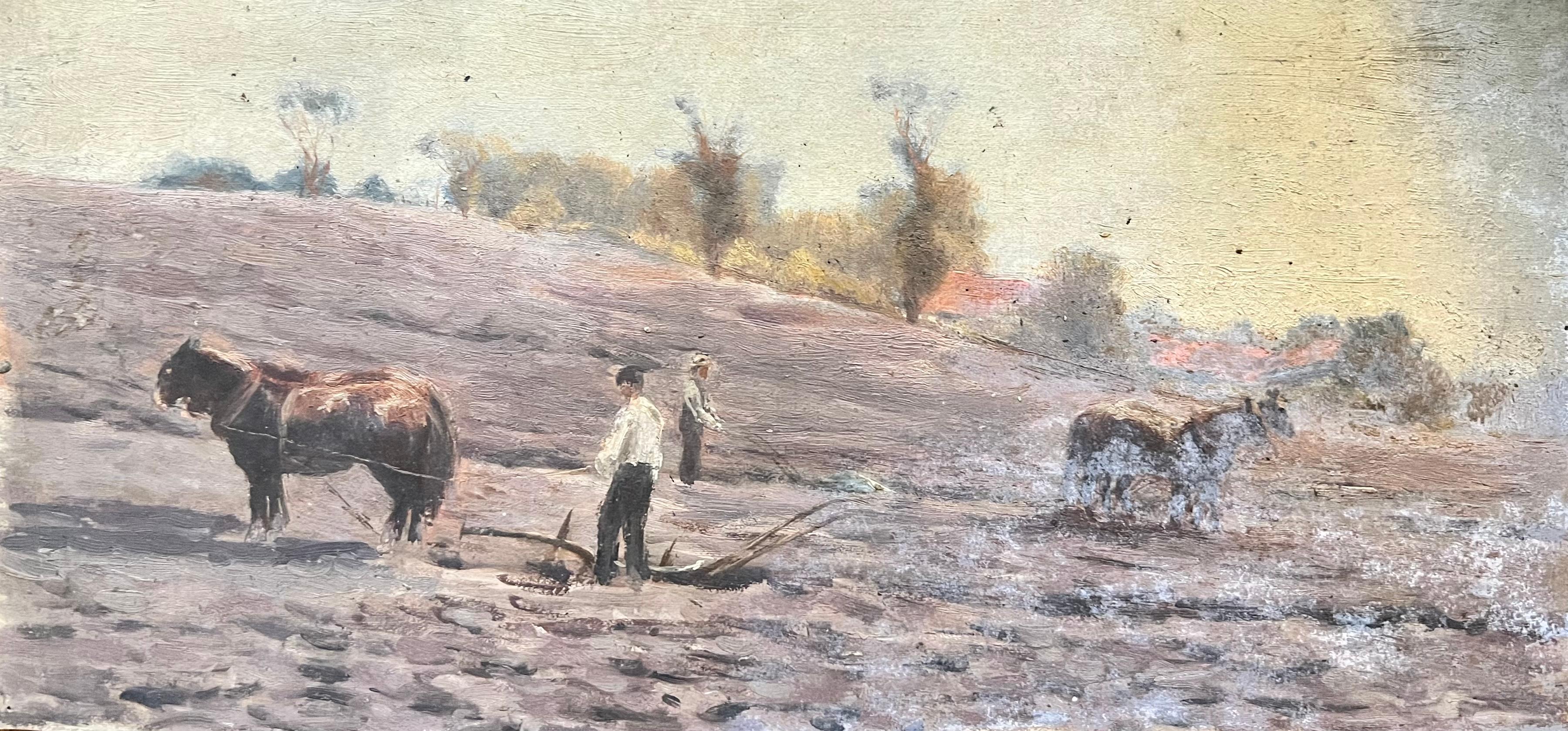 Antique Victorian English Oil Horses Harvesting With The Farmers