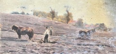 Antique Victorian English Oil Horses Harvesting With The Farmers