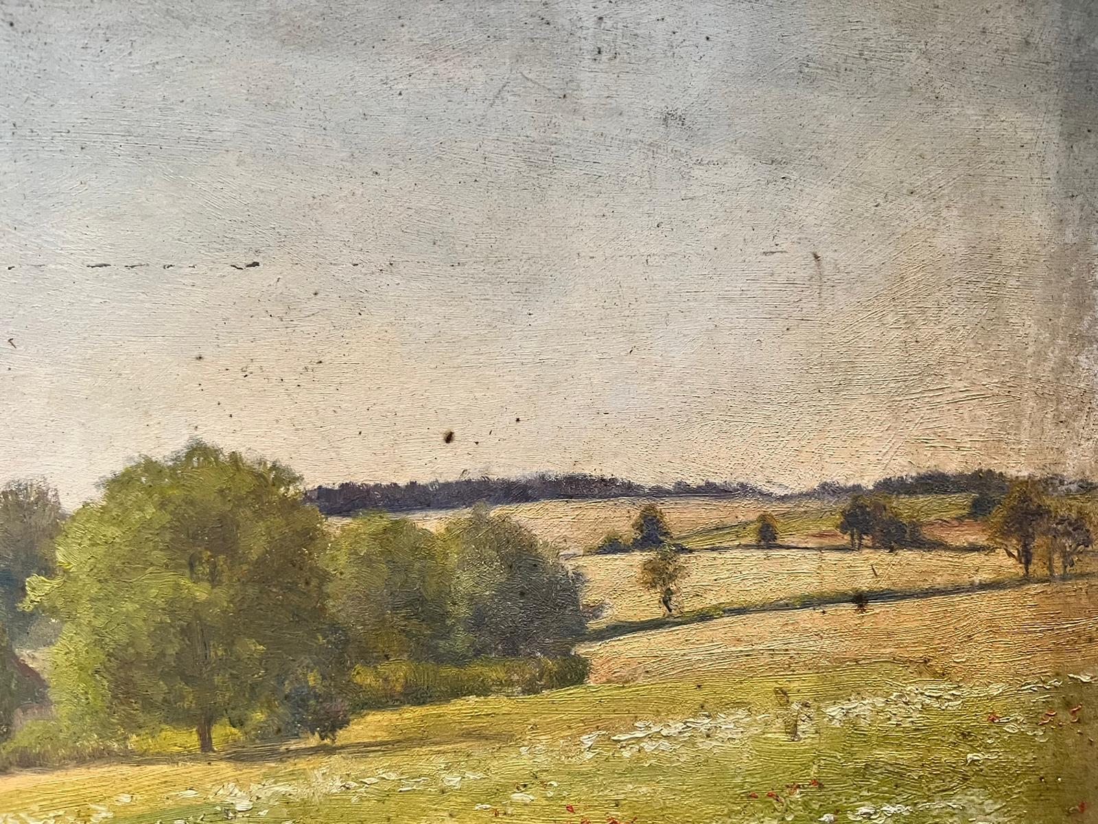 Antique Victorian English Oil Large Poppy Field Landscape 1