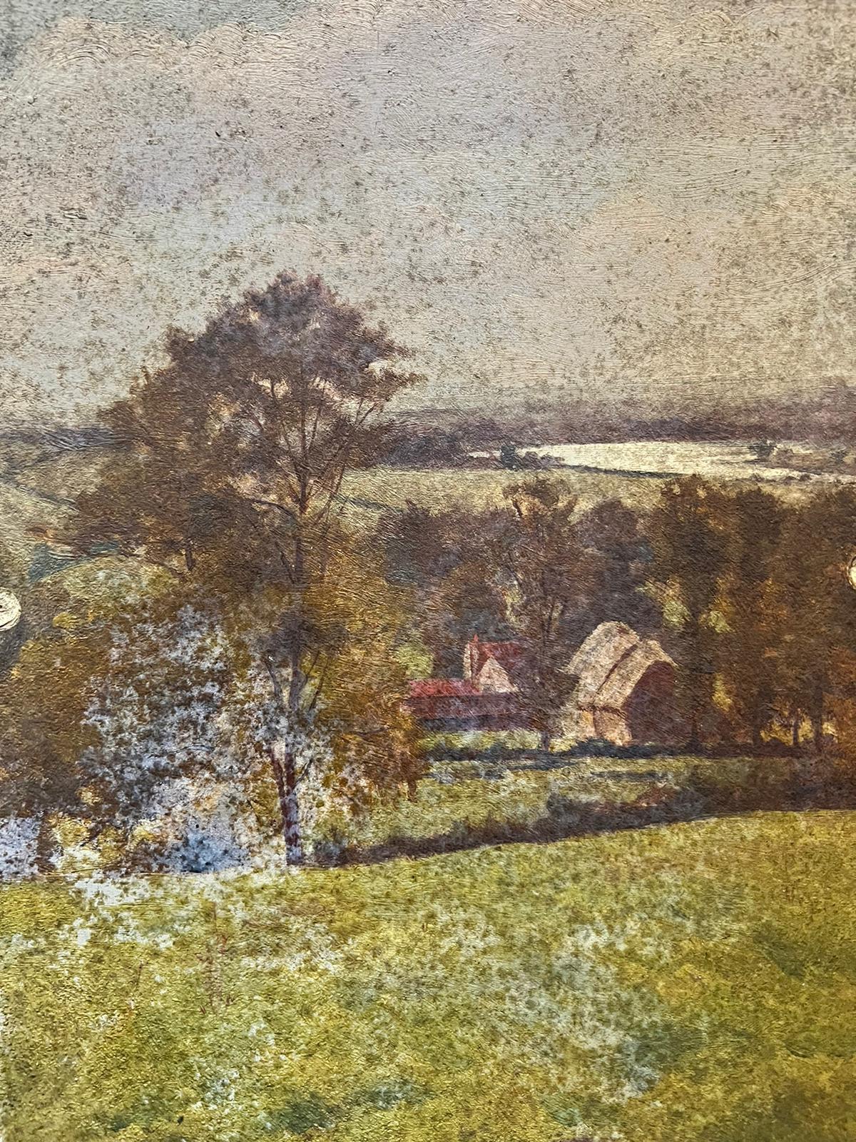 Antique Victorian English Oil Open Field View Of Village Barns - Painting by Antique English 