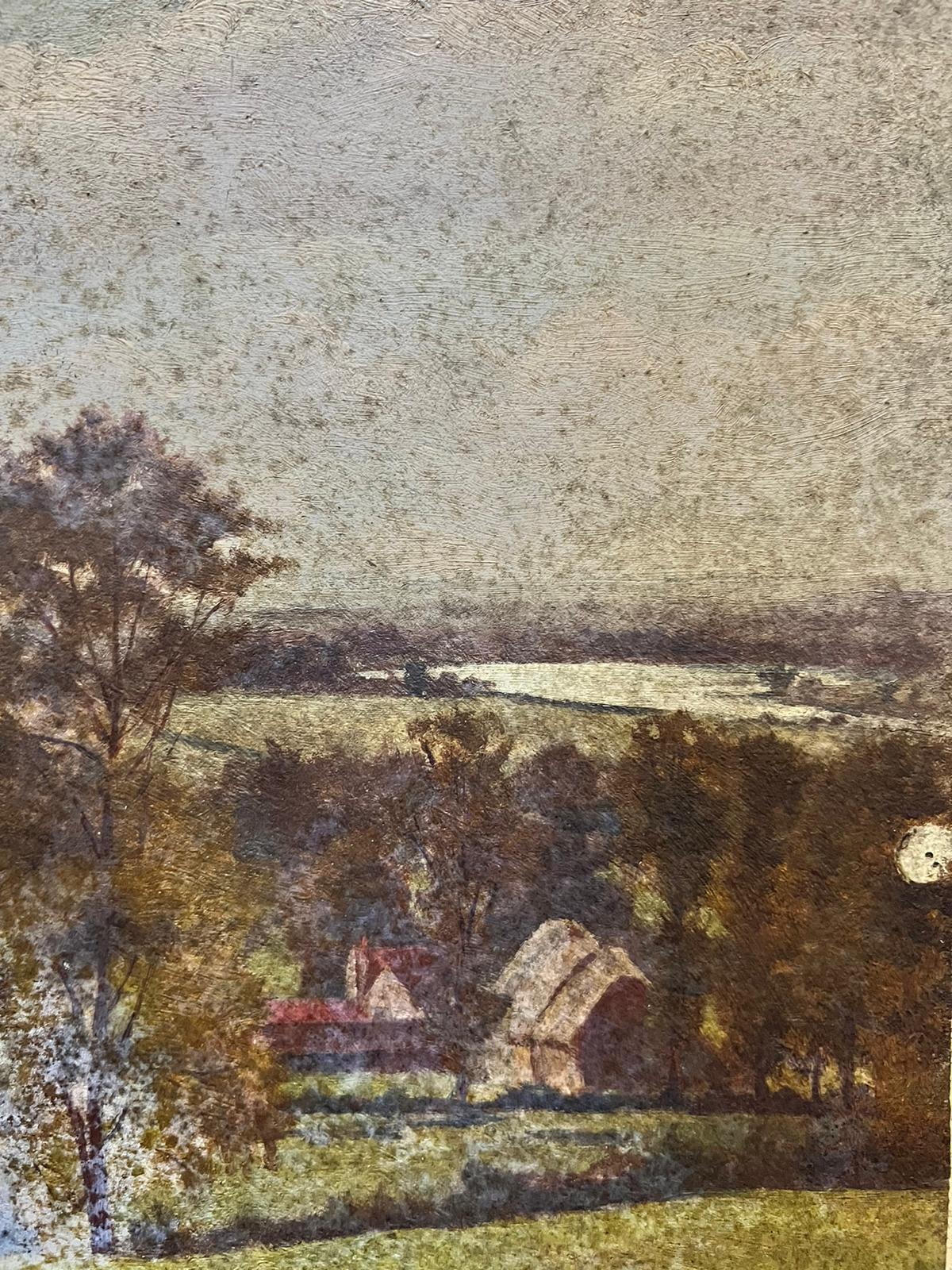 Artist/ School: English School, late 19th/ early 20th century.
The painting came from a large collection of works by one artist. A very few of them are signed what looks to be 'F. Wardle'. 

Title: Woodland Landscape

Medium: oil on thin board stuck