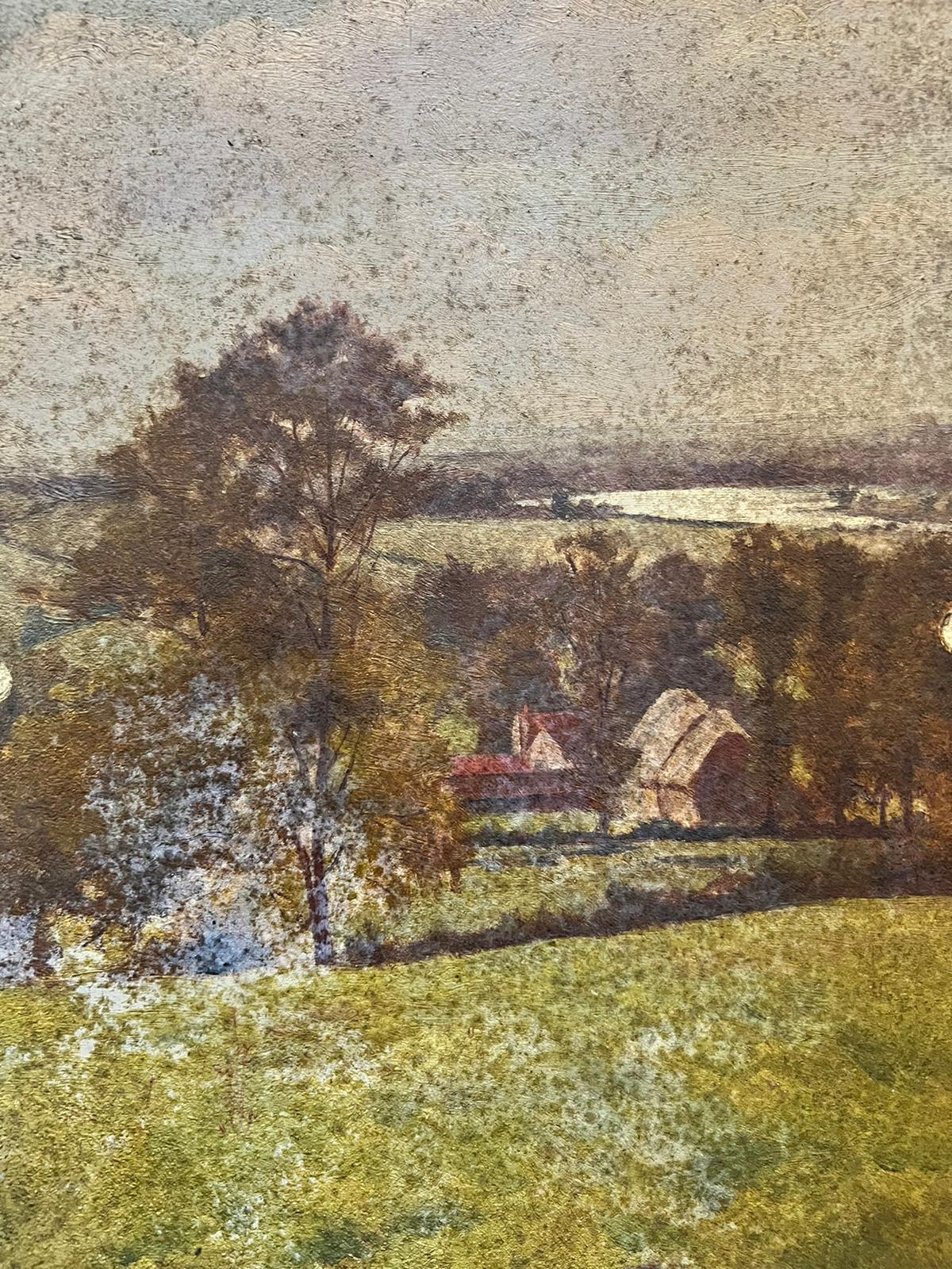 Antique English  Landscape Painting - Antique Victorian English Oil Open Field View Of Village Barns