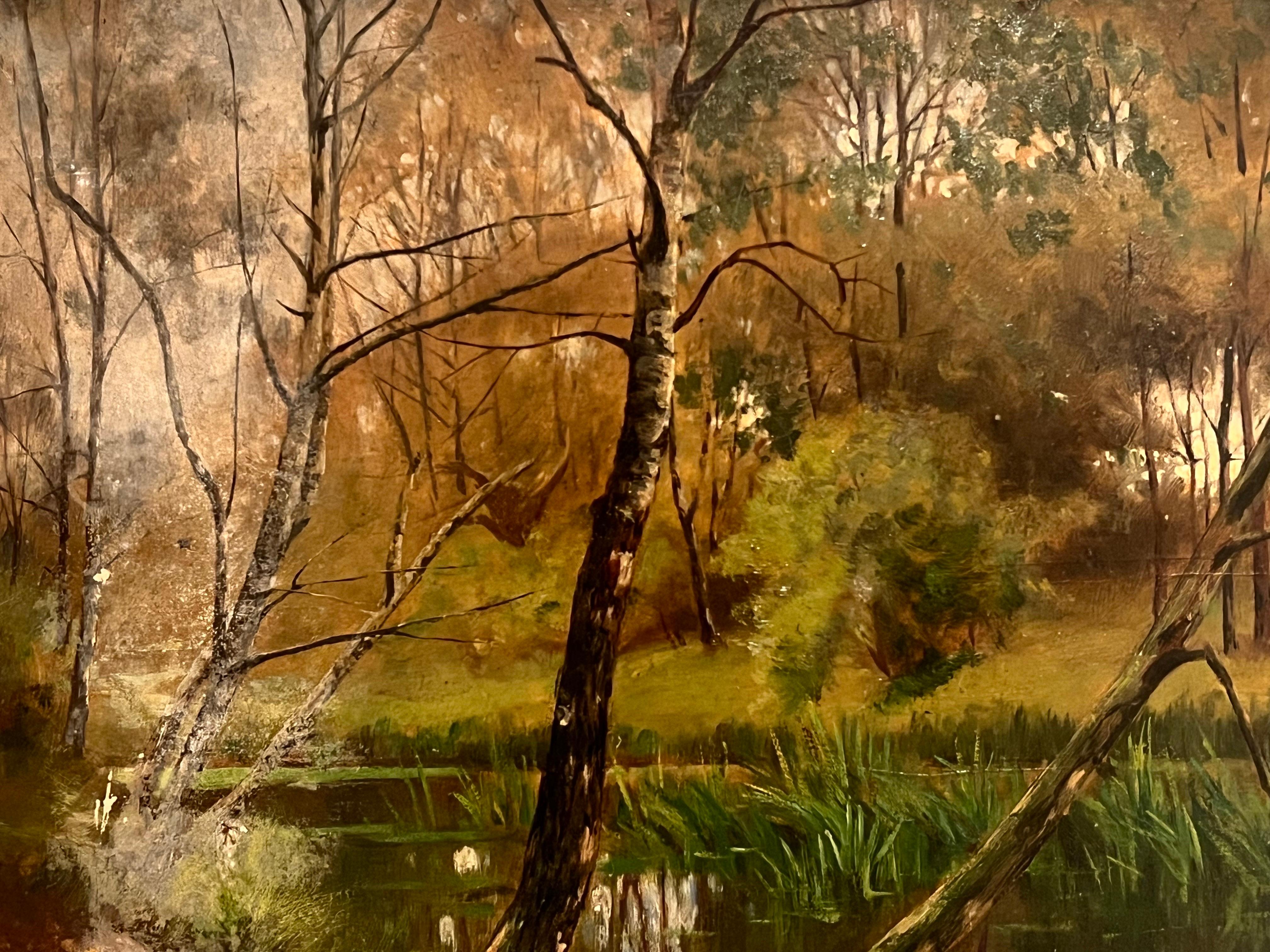 Antique English  Landscape Painting - Antique Victorian English Oil Painting - Woodland River Landscape