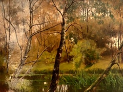 Antique Victorian English Oil Painting - Woodland River Landscape