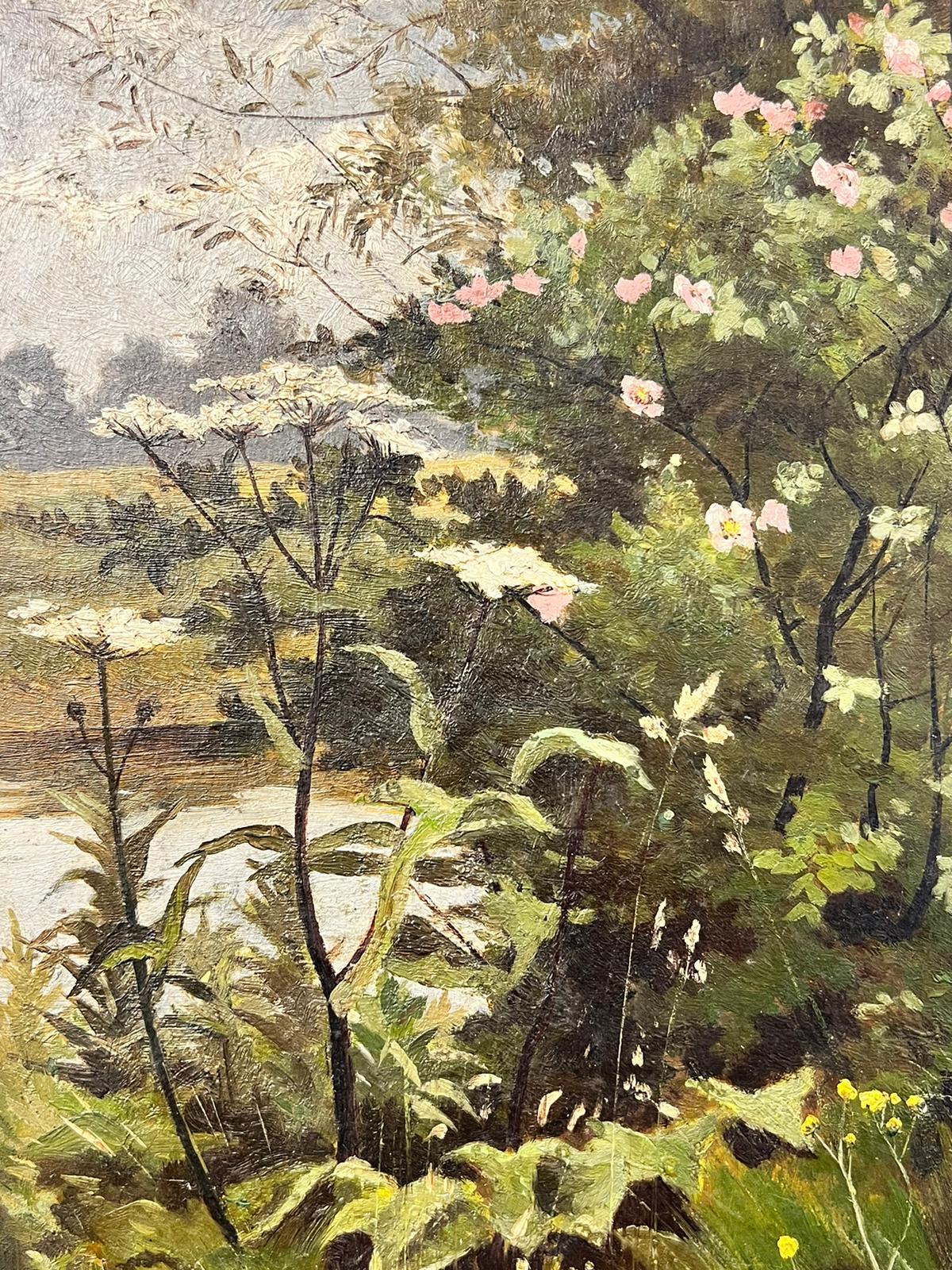Antique Victorian English Oil Pink Flowers Blossoming Alongside The River Bank - Painting by Antique English 