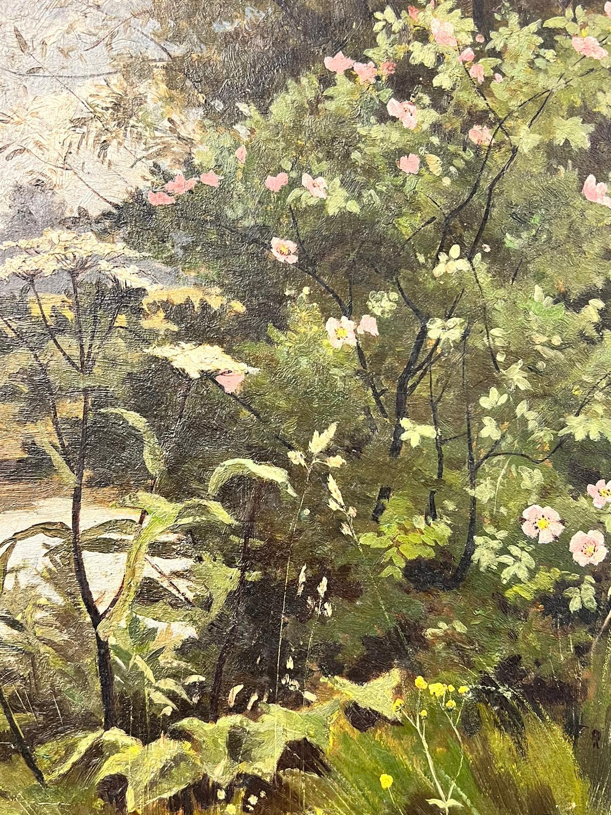 Artist/ School: English School, late 19th/ early 20th century.
The painting came from a large collection of works by one artist. A very few of them are signed what looks to be 'F. Wardle'. 

Title: Flowers Blooming

Medium: oil on board,