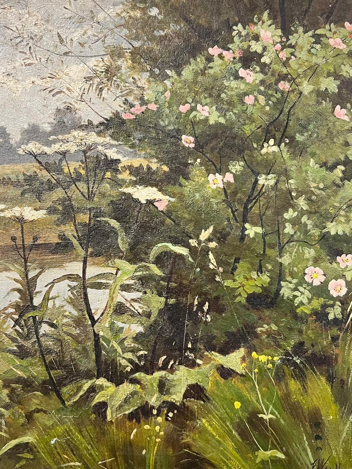 Antique Victorian English Oil Pink Flowers Blossoming Alongside The River Bank 1