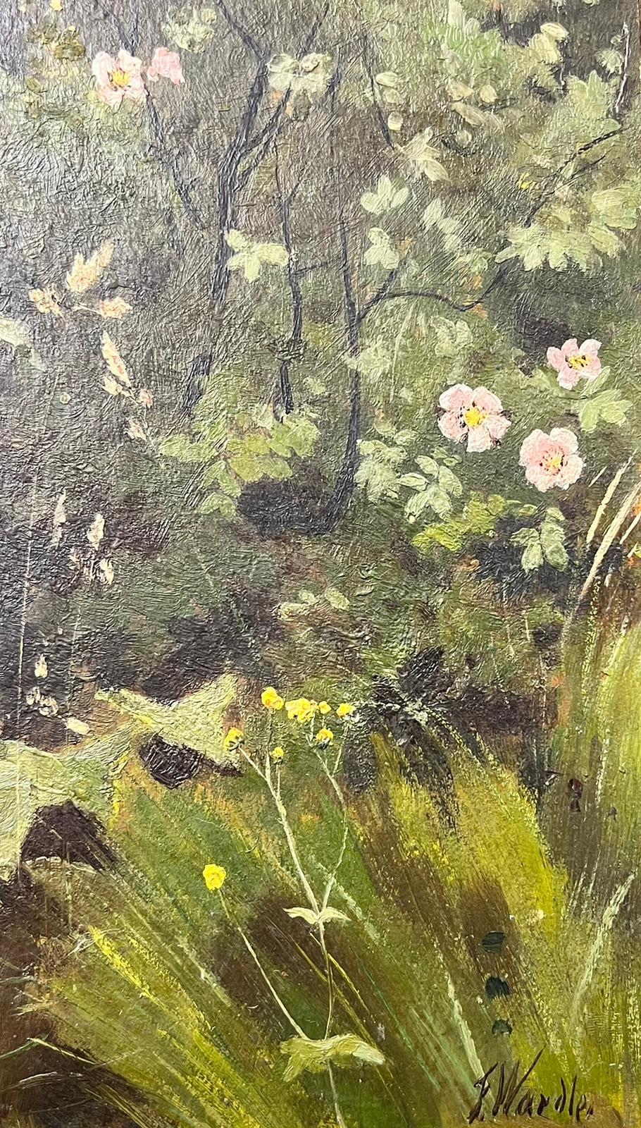 Antique Victorian English Oil Pink Flowers Blossoming Alongside The River Bank 2