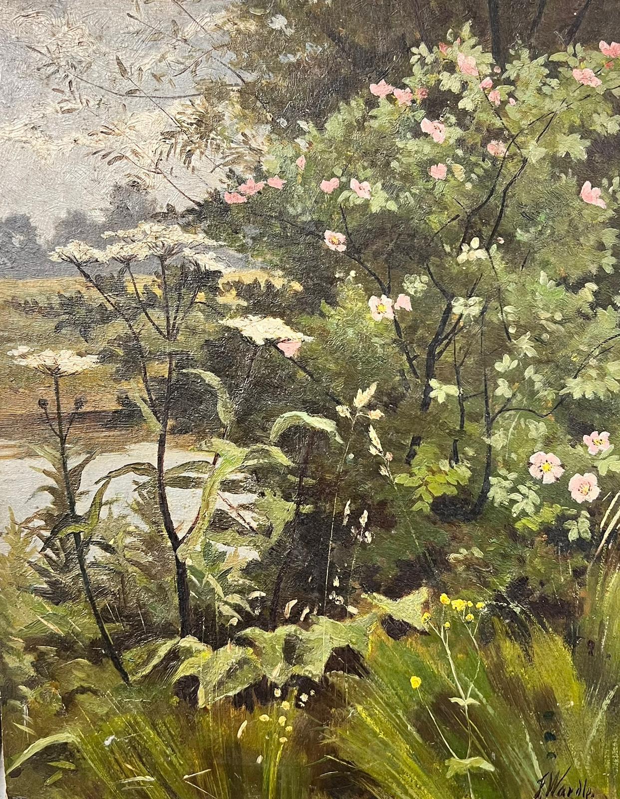 Antique English  Landscape Painting - Antique Victorian English Oil Pink Flowers Blossoming Alongside The River Bank