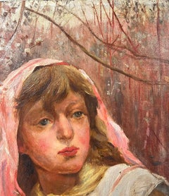 Antique Victorian English Oil Portrait Of A Girl Under A Cherry Blossom Tree