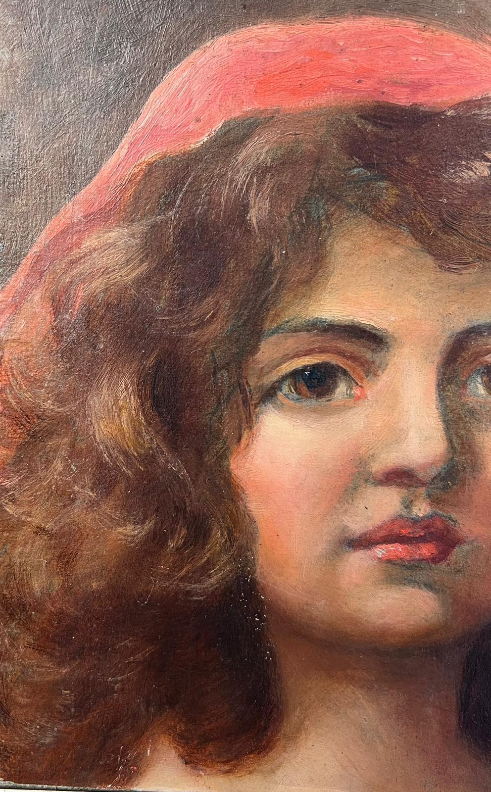 Antikes viktorianisches englisches Ölporträt eines Mädchens mit rosa Kopftuch – Painting von Antique English 