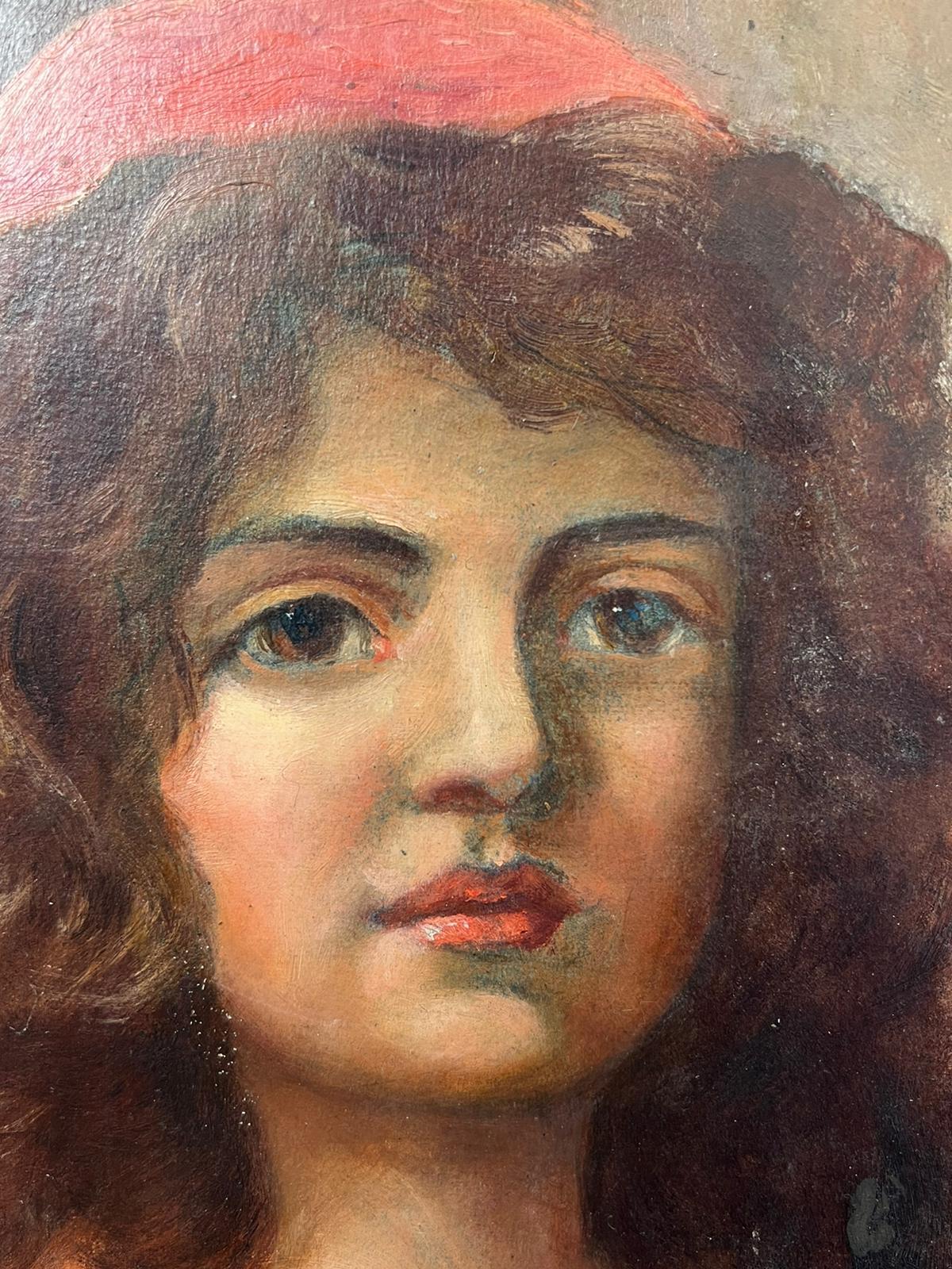 Artist/ School: English School, late 19th/ early 20th century.
The painting came from a large collection of works by one artist. A very few of them are signed what looks to be 'F. Wardle'. 

Title: Portrait

Medium: oil on board , unframed

Size: