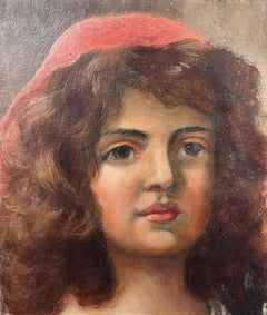 Antique Victorian English Oil Portrait Of A Girl With A Pink Head Scarf