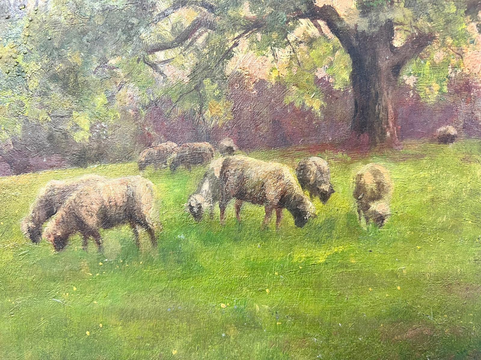 Antique Victorian English Oil Sheep In Meadow Munching On Grass - Painting by Antique English 