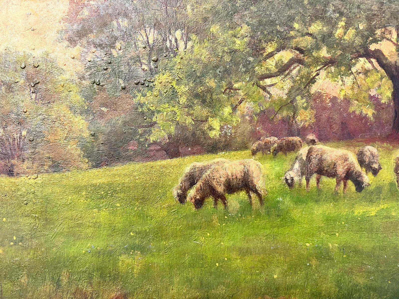 Antique Victorian English Oil Sheep In Meadow Munching On Grass 1