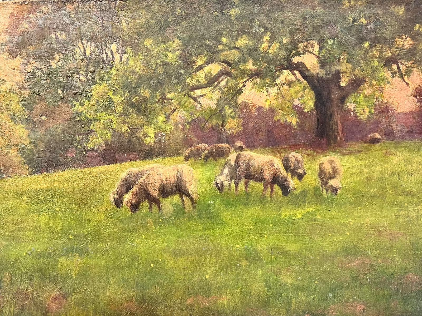 Antique Victorian English Oil Sheep In Meadow Munching On Grass 2
