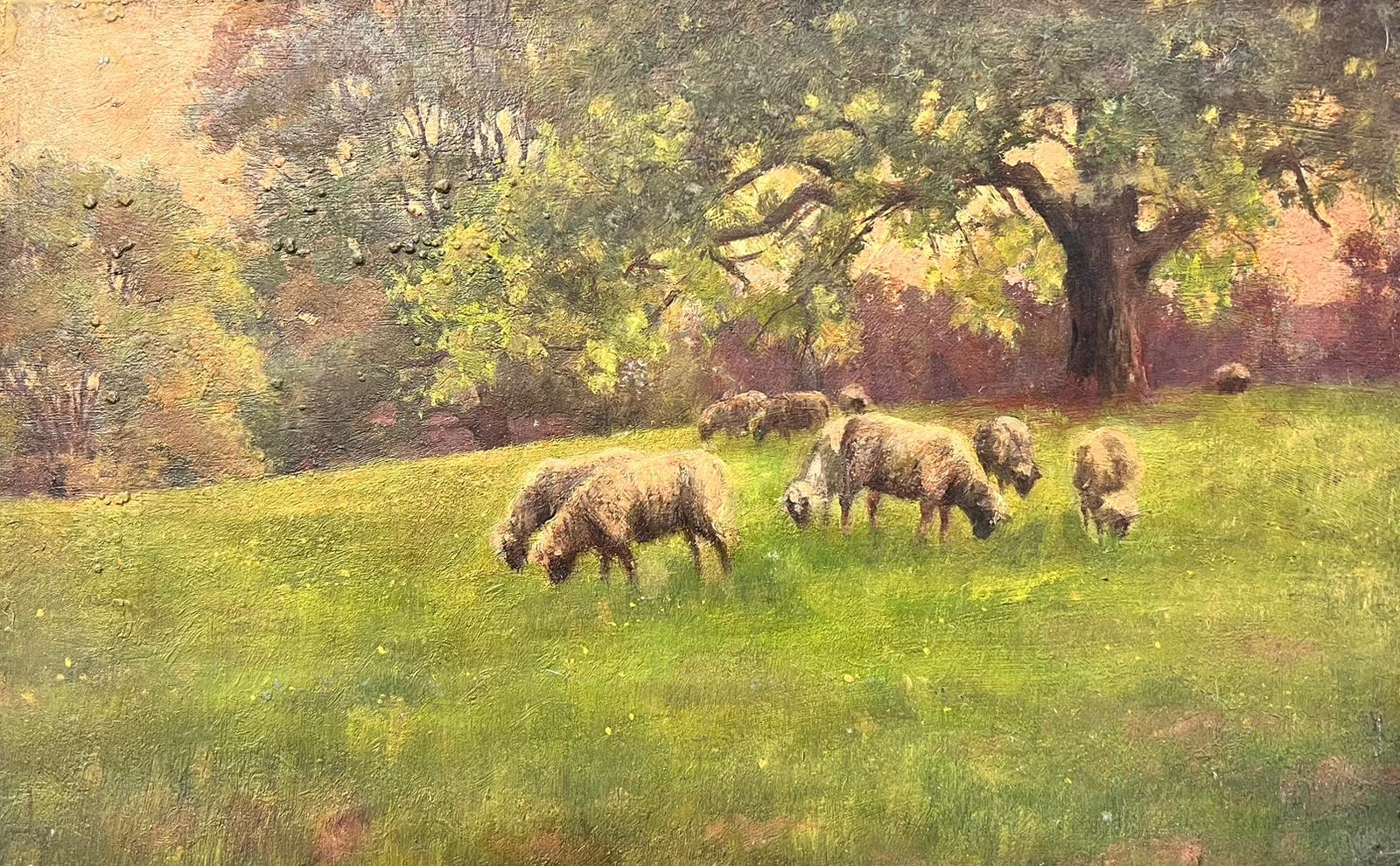 Antique English  Landscape Painting - Antique Victorian English Oil Sheep In Meadow Munching On Grass