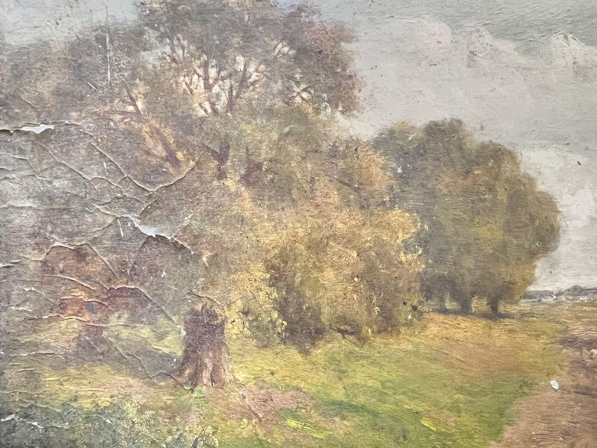 Antique Victorian English Oil Sheep Walking Down The Woodland Path - Painting by Antique English 