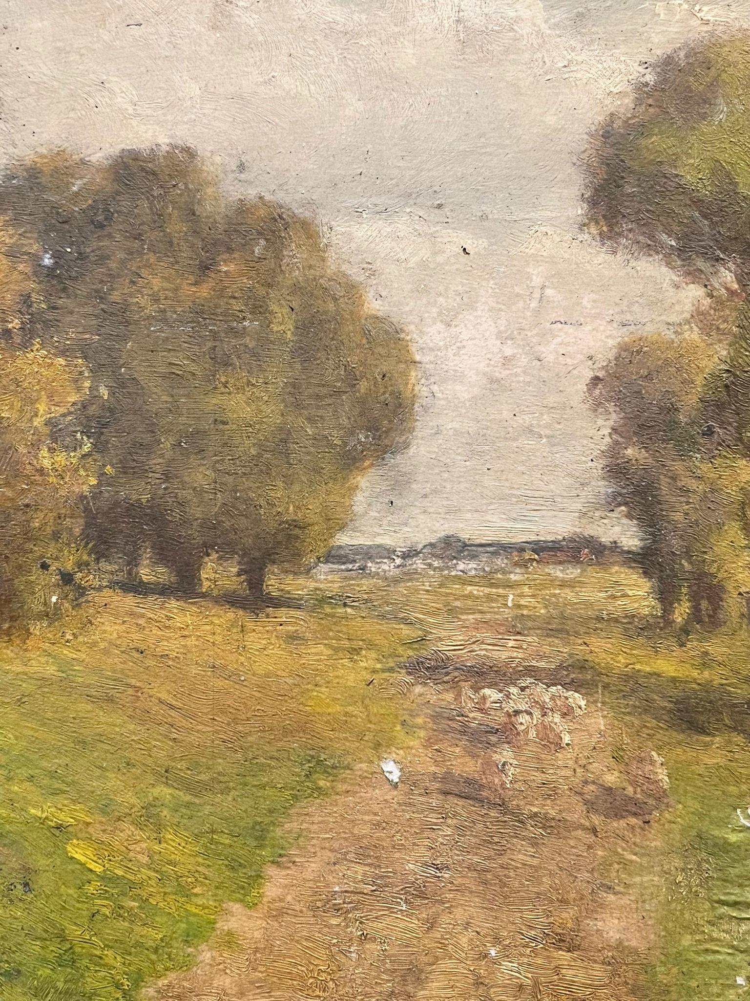Artist/ School: English School, late 19th/ early 20th century.
The painting came from a large collection of works by one artist. A very few of them are signed what looks to be 'F. Wardle'. 

Title: Sheep In Path

Medium: oil on board,