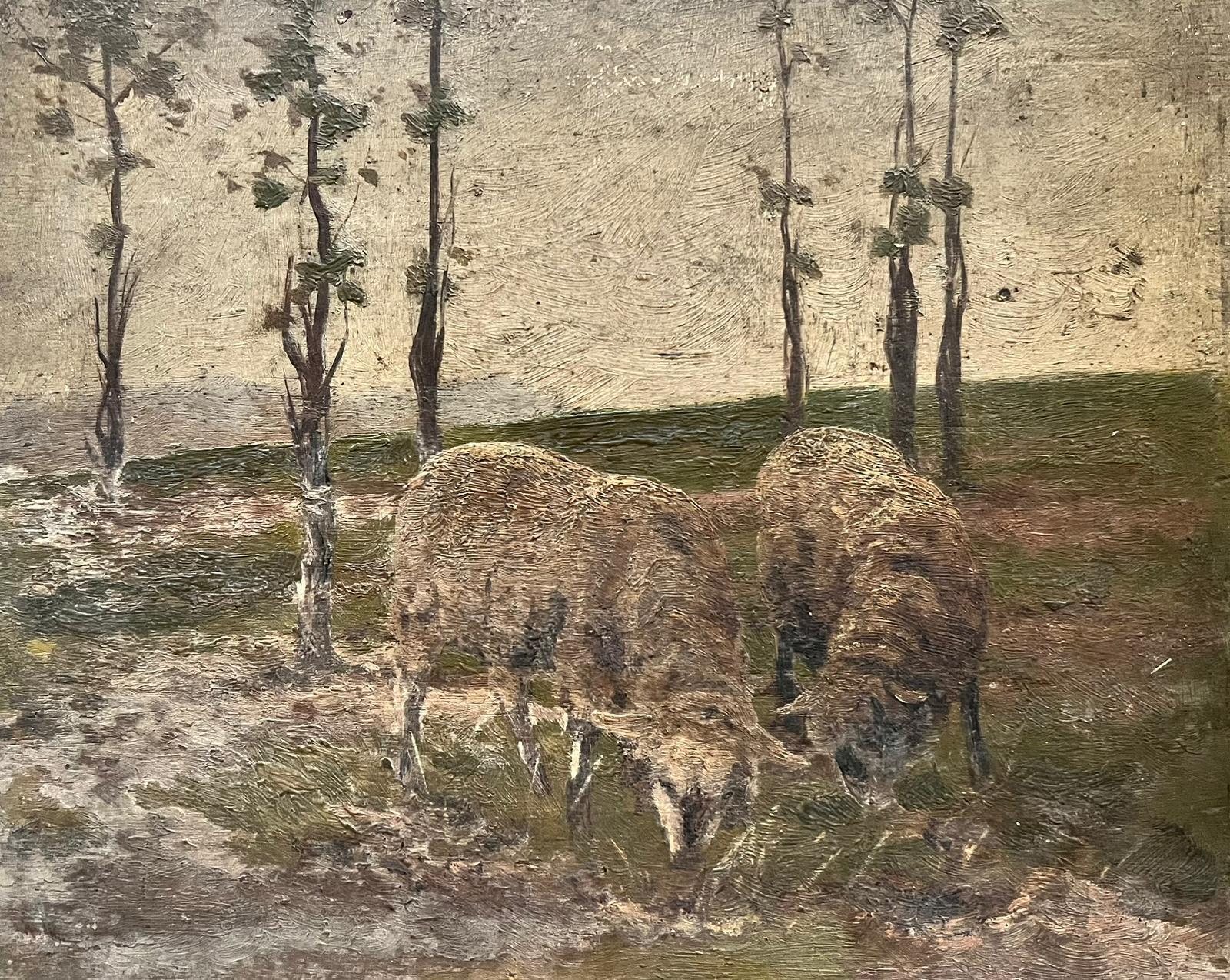 Antique Victorian English Oil Two Sheep Munching On Grass - Painting by Antique English 