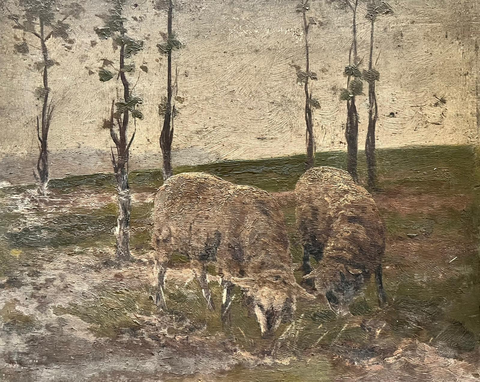 Antico olio inglese vittoriano Due pecore che sgranocchiano l'erba - Painting di Antique English 