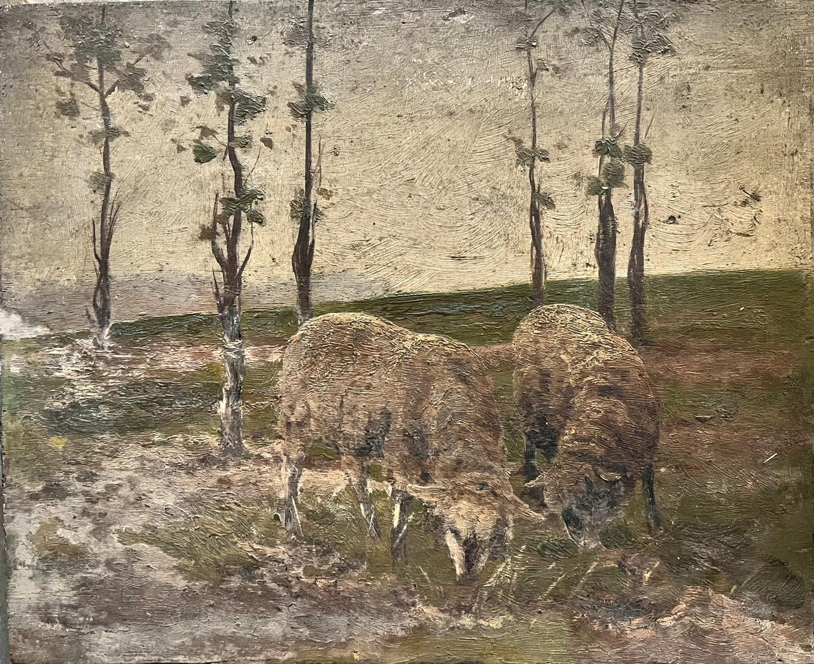 Antikes viktorianisches englisches Ölgemälde mit zwei Schafen, Munching On Grass