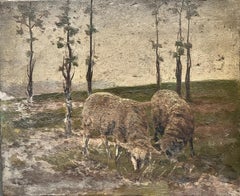 Antique Victorian English Oil Two Sheep Munching On Grass