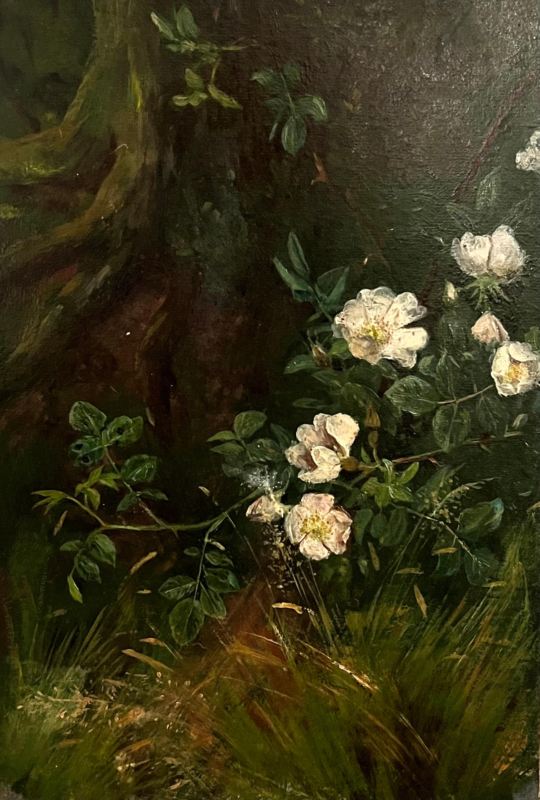 Landscape Painting Antique English  - Ancienne huile victorienne anglaise à l
huile - Fleurs blanches de moine sauvage