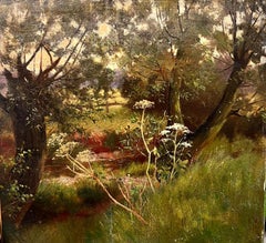 Antique Victorian English Oil Woodland Path Leading To The Stream