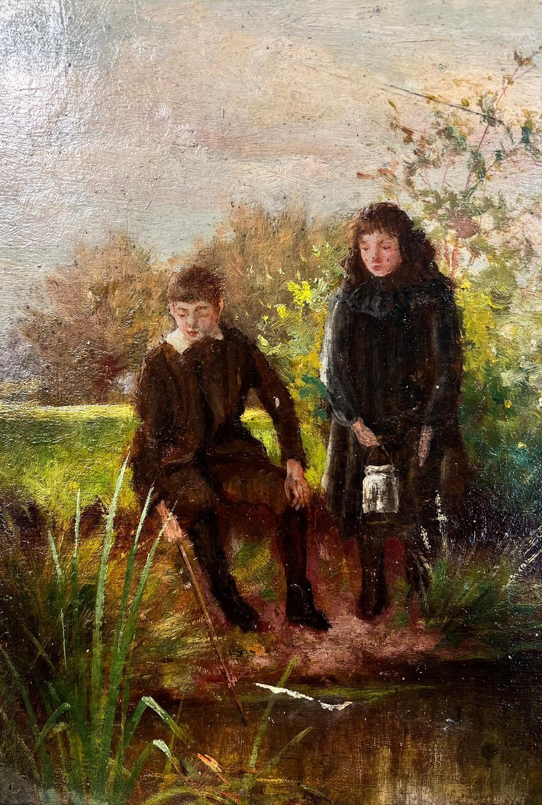 Antique Victorian English Oil Young Figures Down By The Stream - Painting by Antique English 