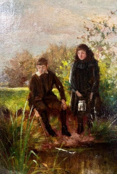 Ancienne huile anglaise victorienne, Young Figures Down By The Stream
