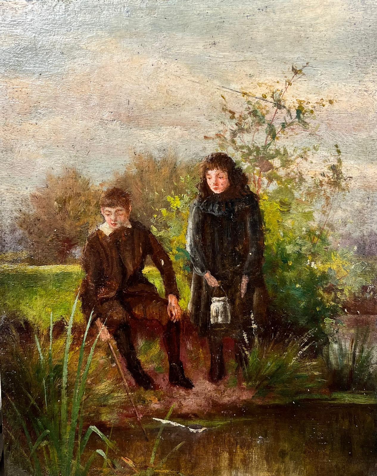 Antique English  Landscape Painting - Antique Victorian English Oil Young Figures Down By The Stream
