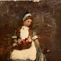 Antikes viktorianisches englisches Ölgemälde – Junges Mädchen, das Rosen sammelt