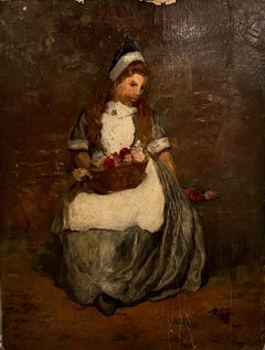 Antique Victorian English Oil - Young Girl Collecting Roses