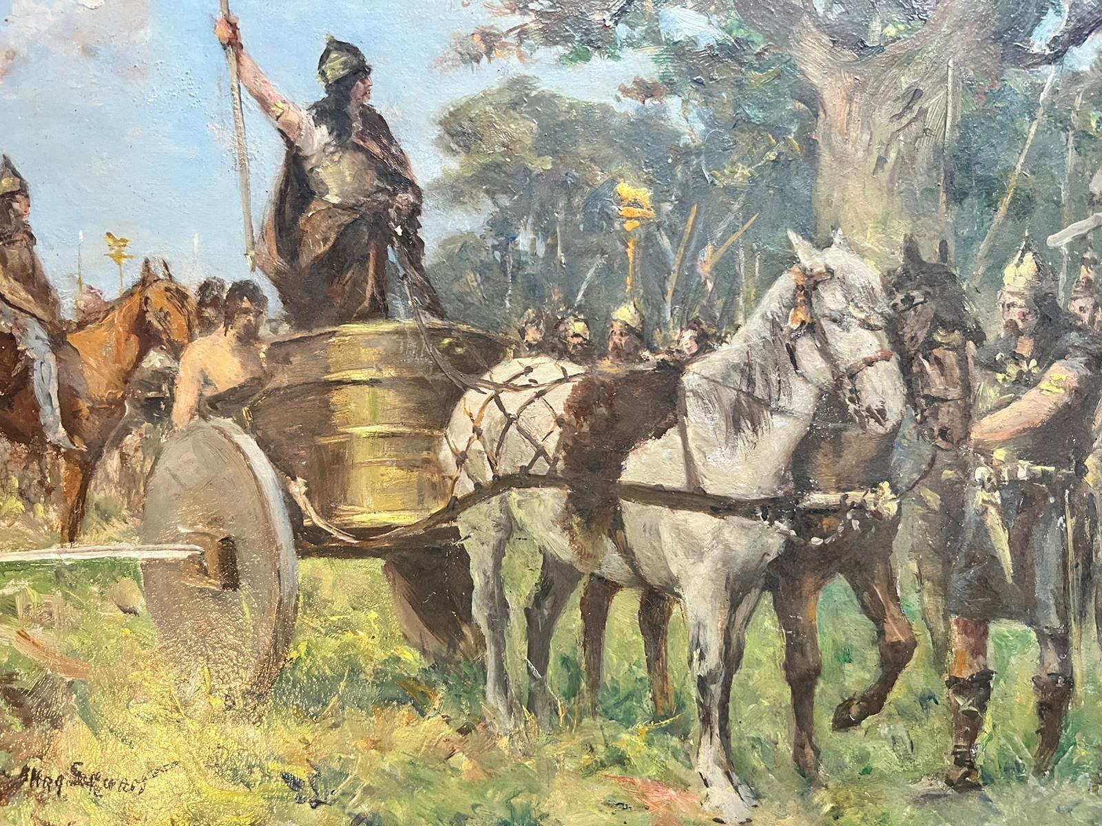 Antique English  Figurative Painting - Antique Victorian English Romans Ready For Battle Horse & Cart Landscape
