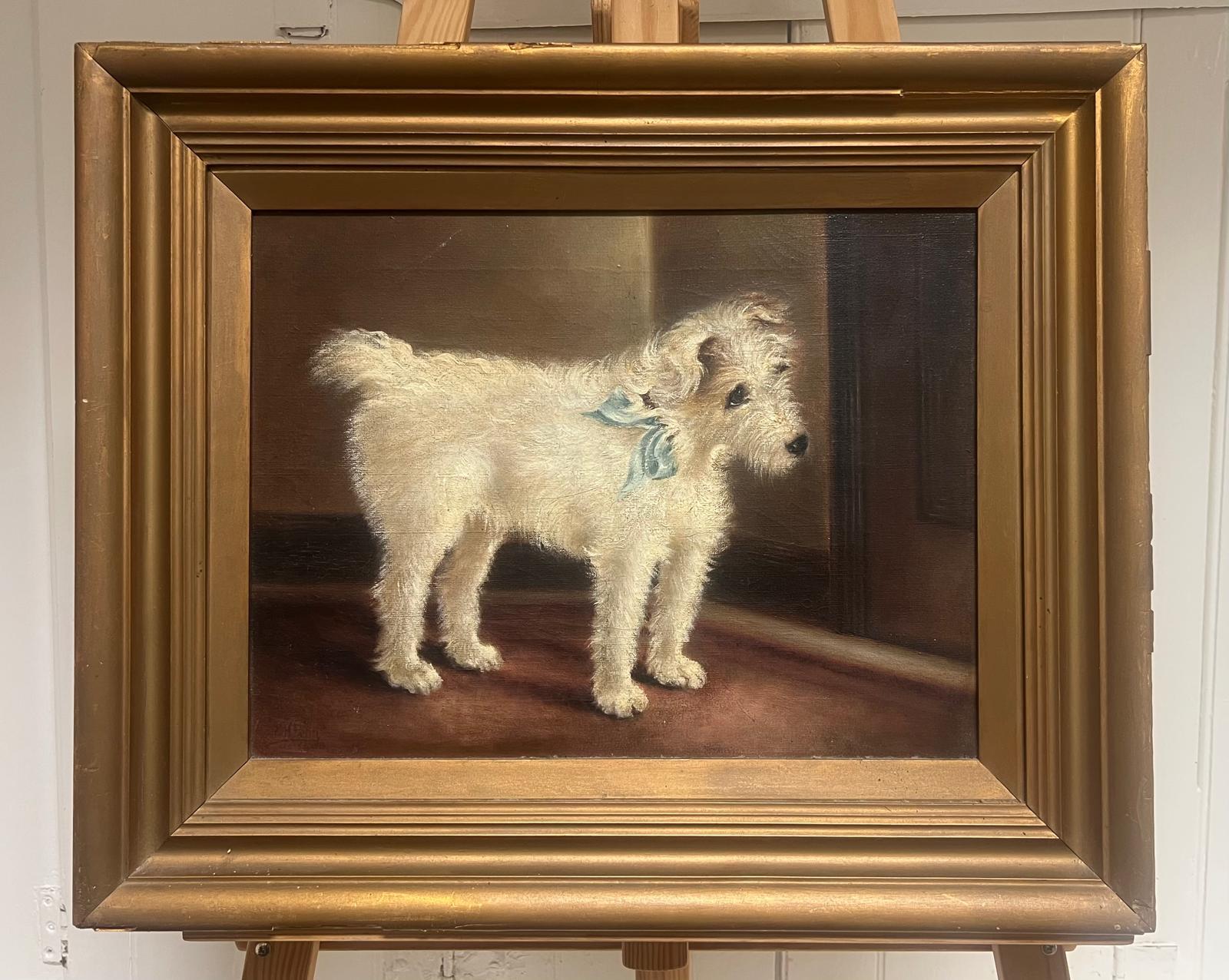 English Antique Oil Painting White Wire-Haired Terrier Dog with a Blue Ribbon - Black Portrait Painting by Antique English 