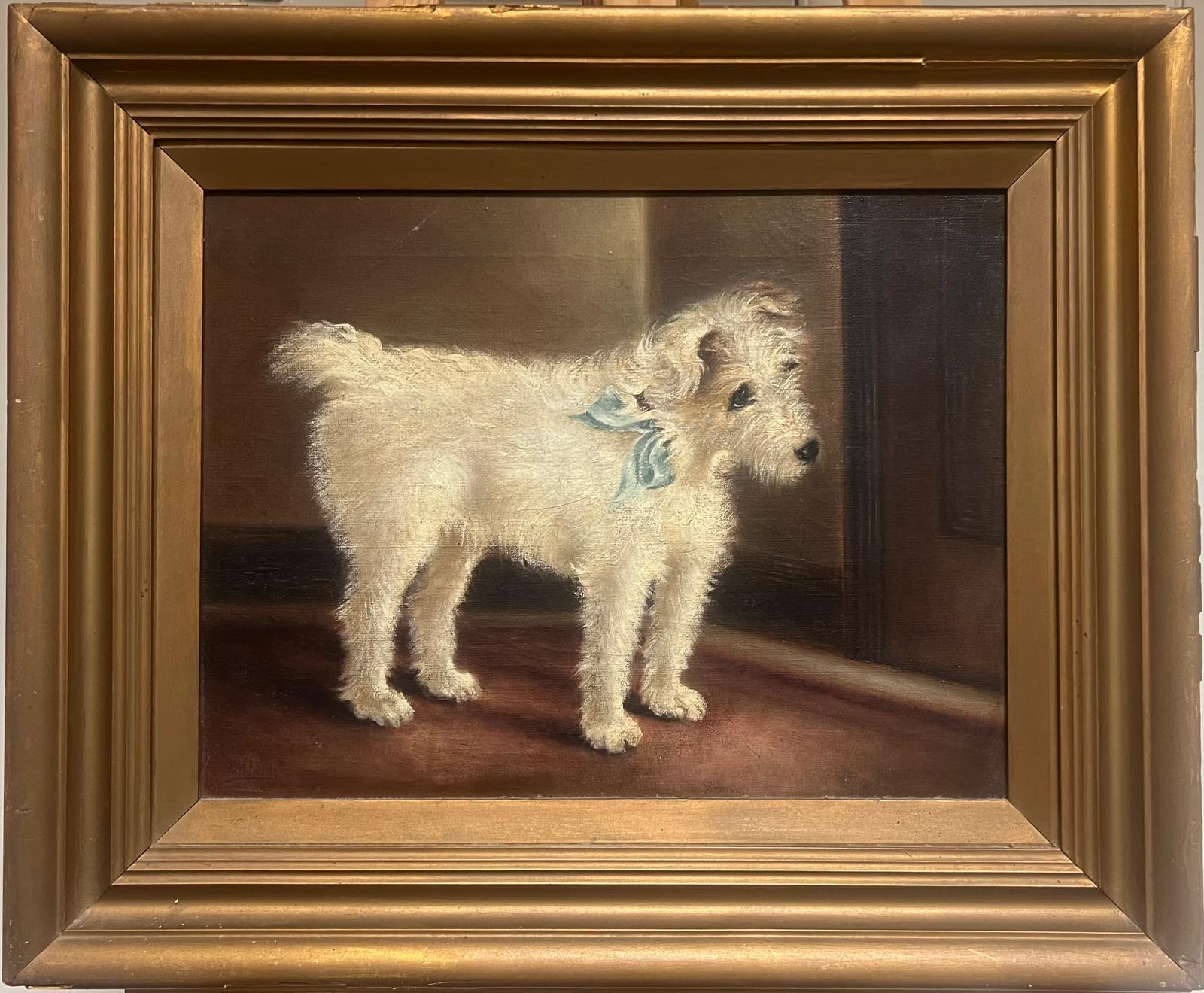 Wire-Haired Terrier Dog with a Blue Bow
English artist, indistinctly signed
signed and dated 1918
oil on canvas, framed
framed: 19 x 23 inches
canvas : 13 x 17 inches
Provenance: private collection, Cotswolds, England
Condition: the frame is antique