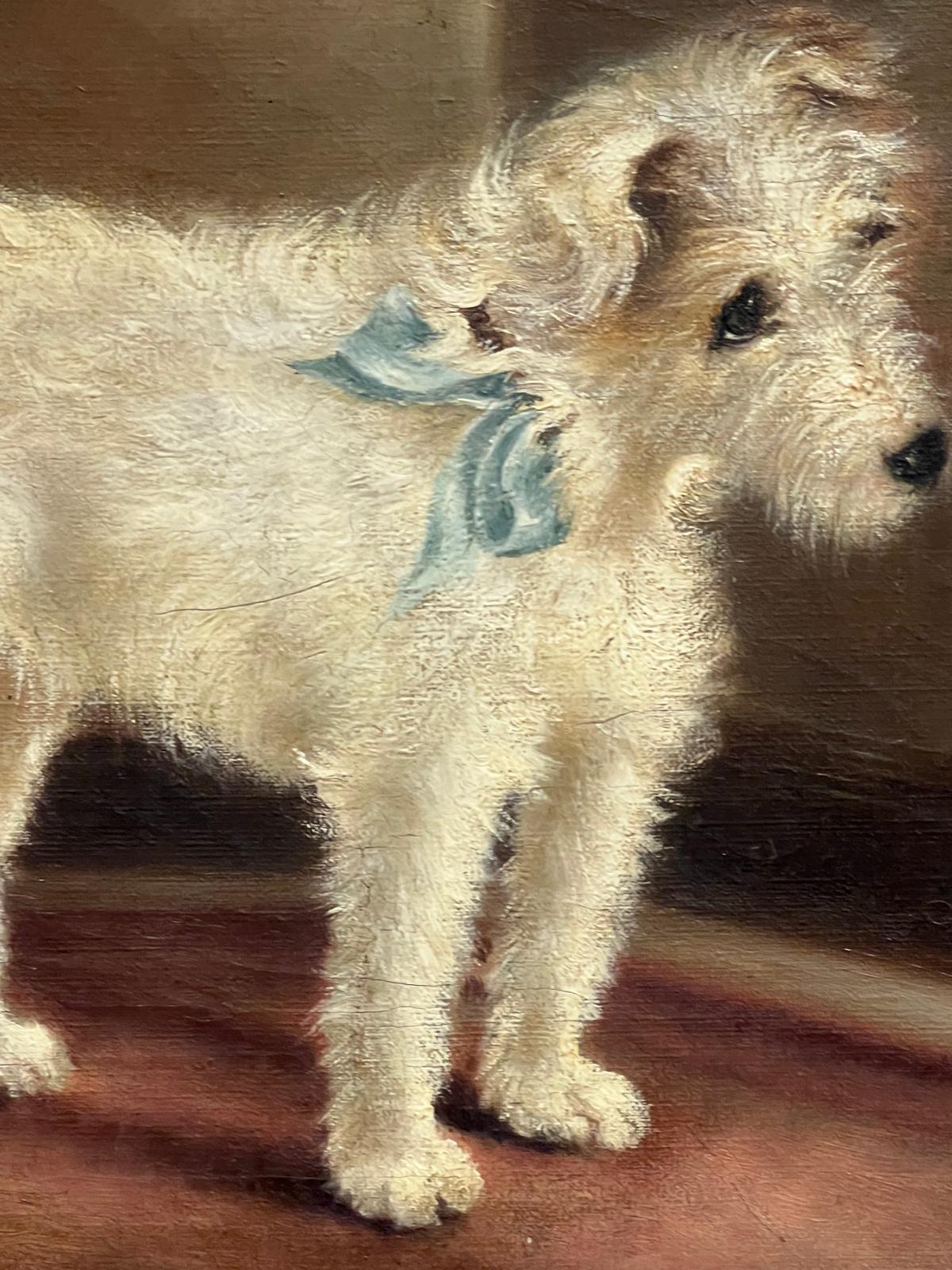 English Antique Oil Painting White Wire-Haired Terrier Dog with a Blue Ribbon 1