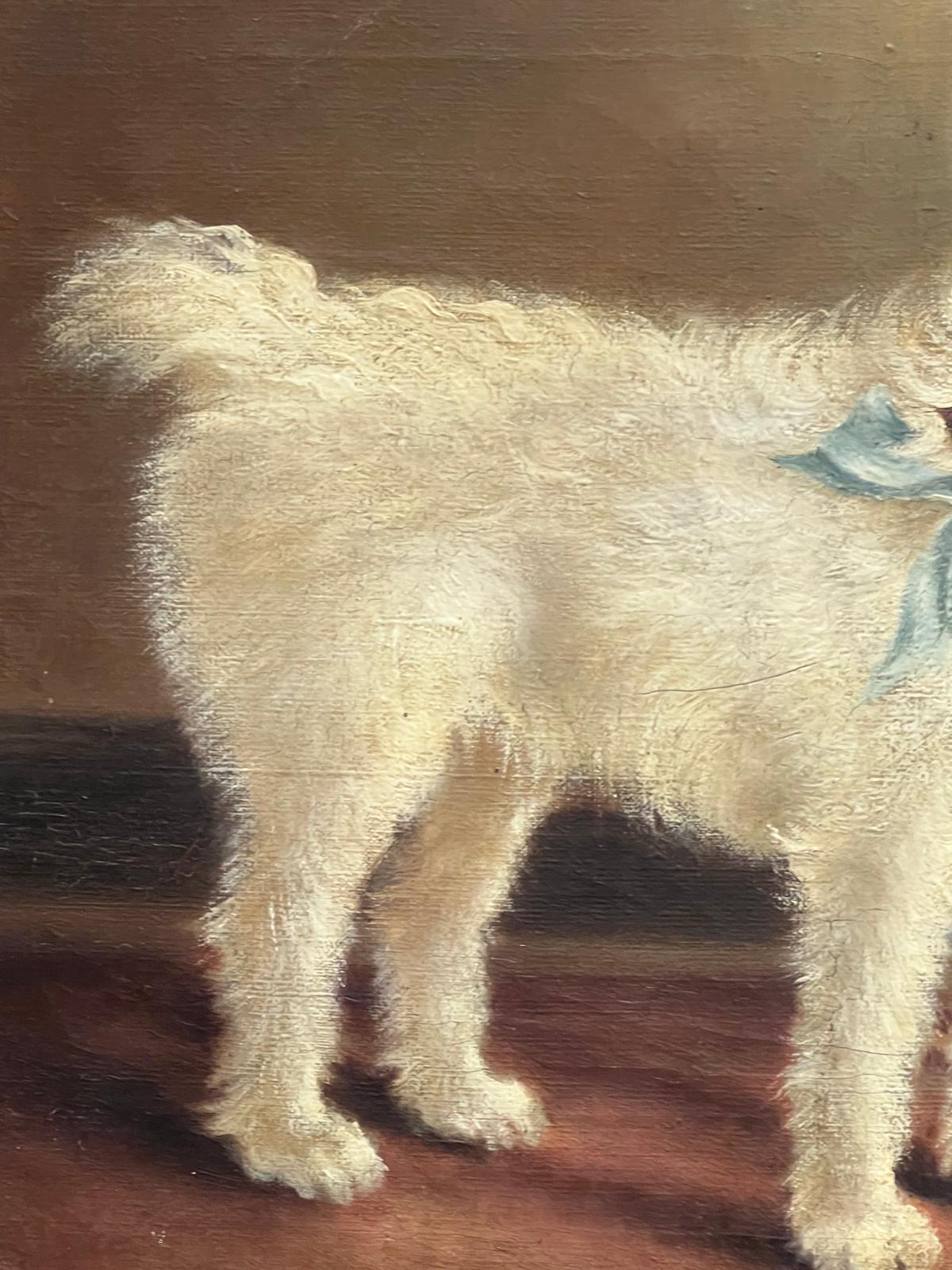 English Antique Oil Painting White Wire-Haired Terrier Dog with a Blue Ribbon 2