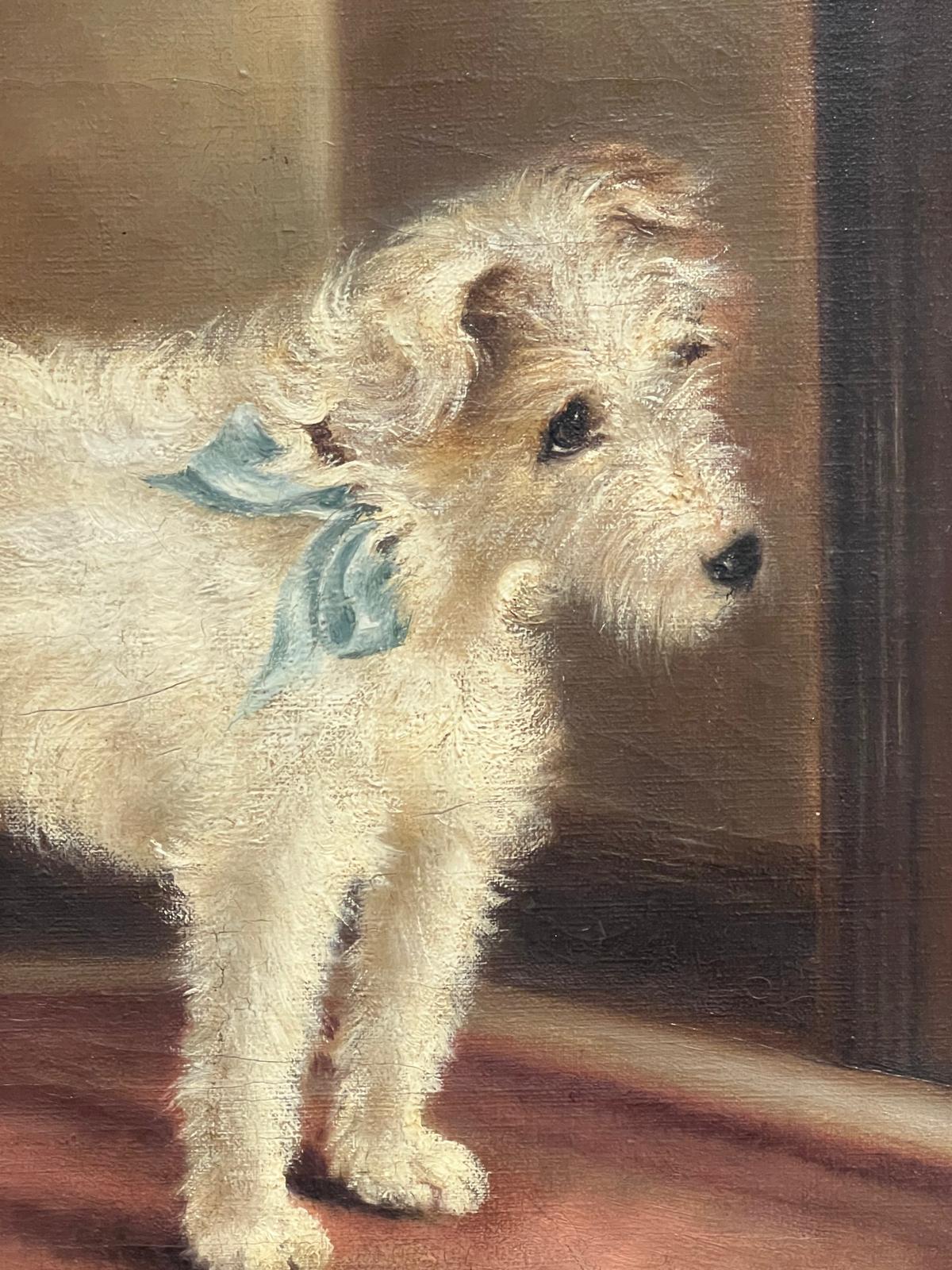 English Antique Oil Painting White Wire-Haired Terrier Dog with a Blue Ribbon 3