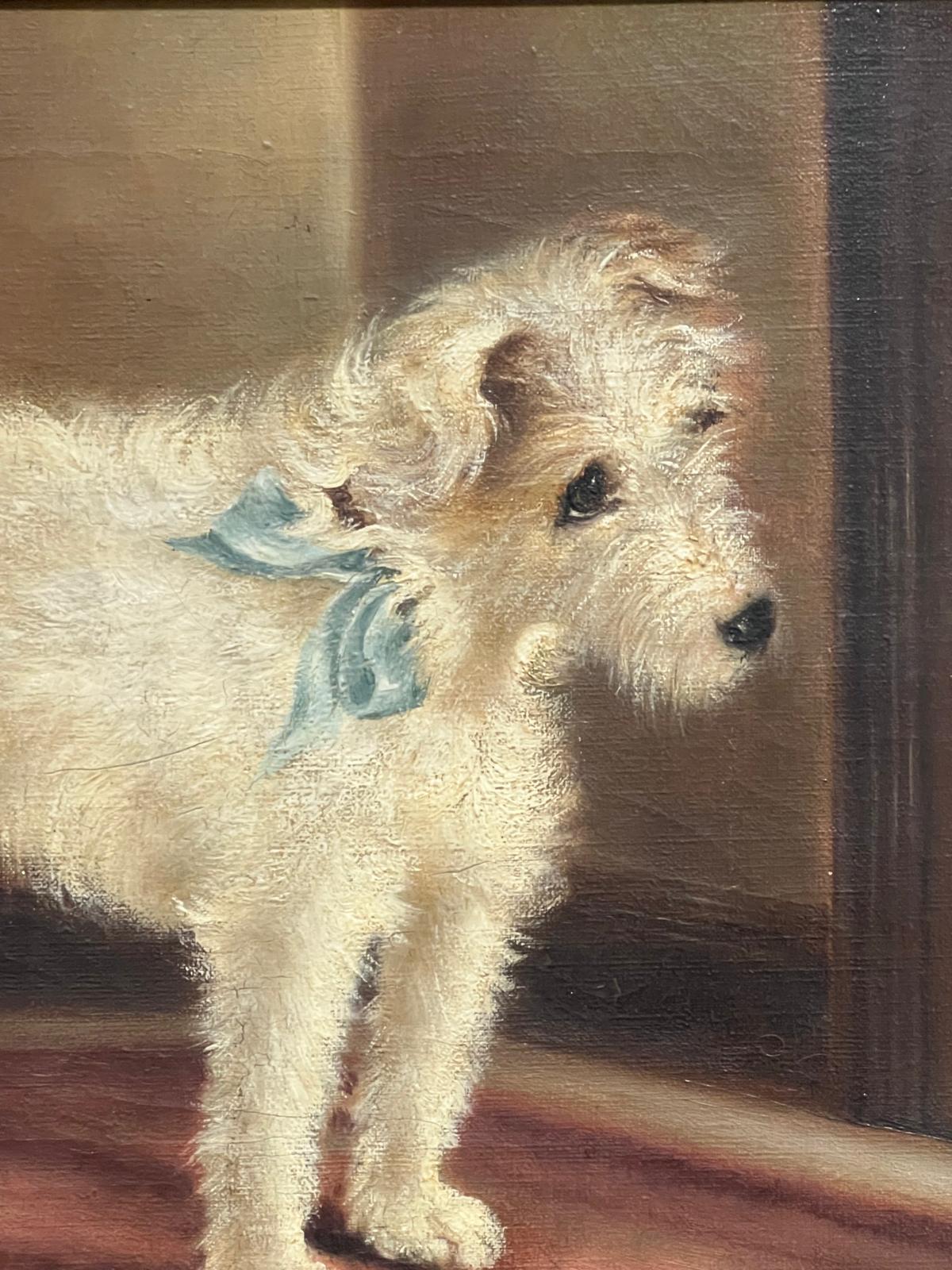 English Antique Oil Painting White Wire-Haired Terrier Dog with a Blue Ribbon 4