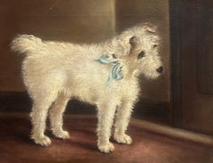 English Antique Oil Painting White Wire-Haired Terrier Dog with a Blue Ribbon