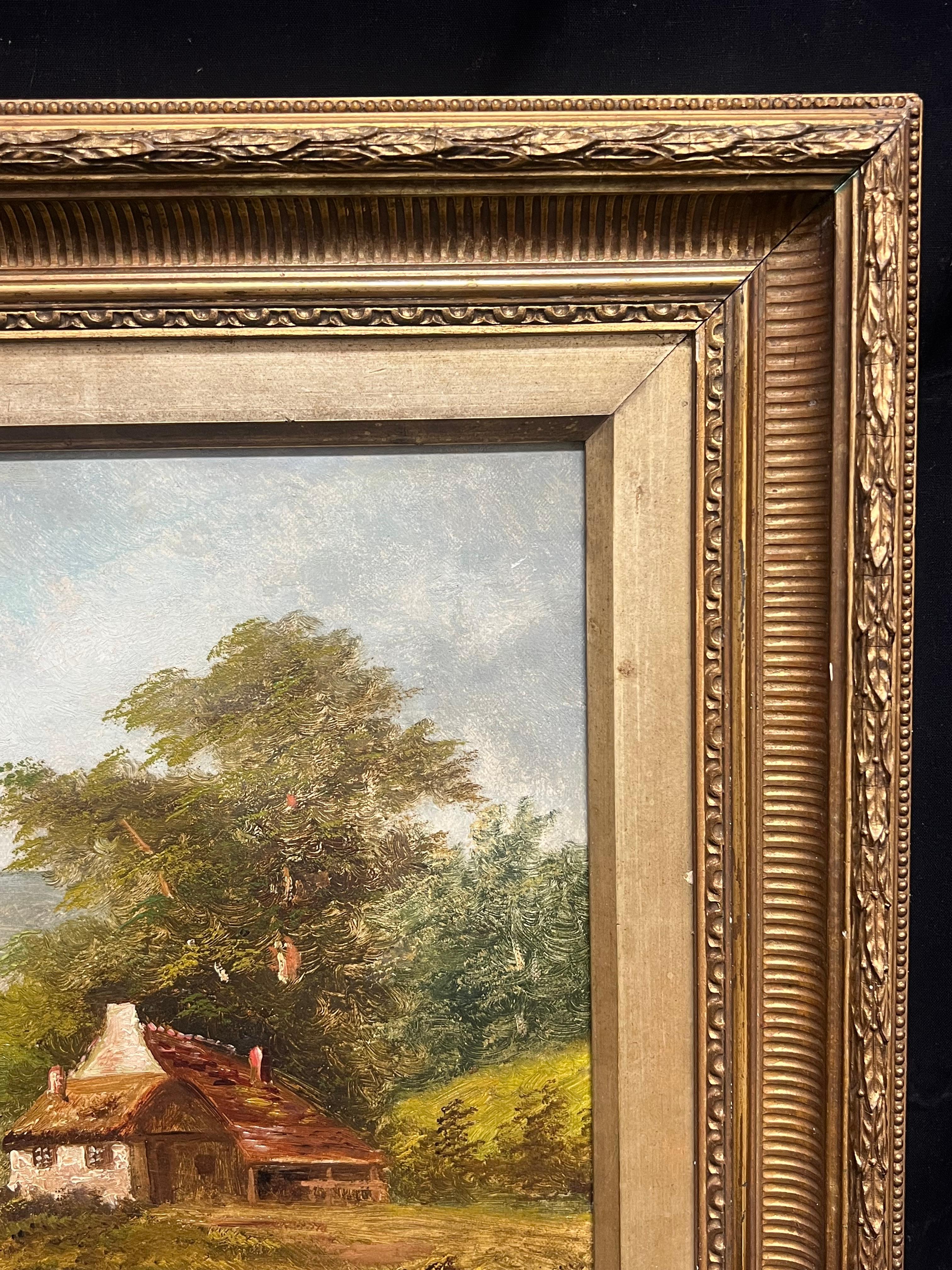 Figuren am ruhigen Flussufer mit Häuschen und Boot Klassische Landschaftsmalerei im Angebot 5