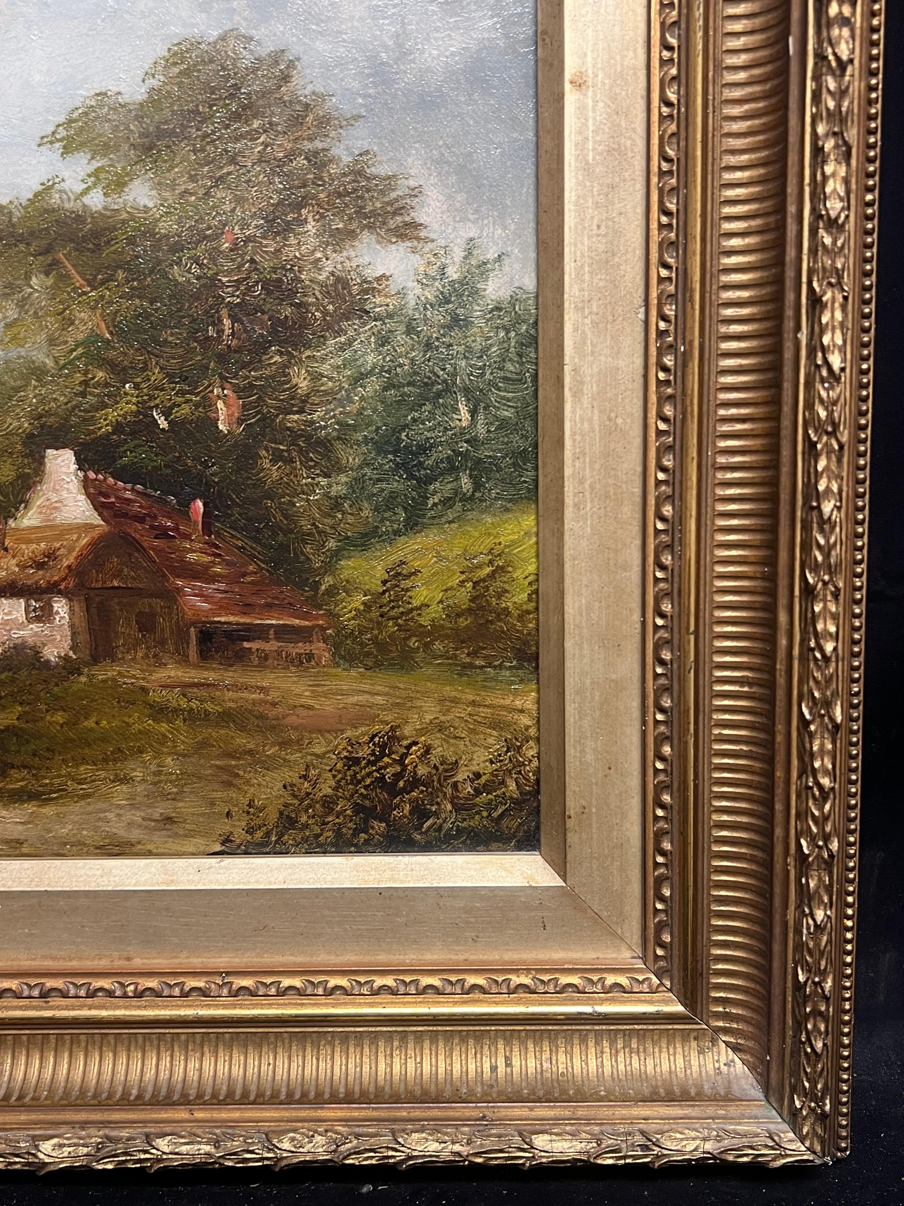 Figuren am ruhigen Flussufer mit Häuschen und Boot Klassische Landschaftsmalerei im Angebot 6