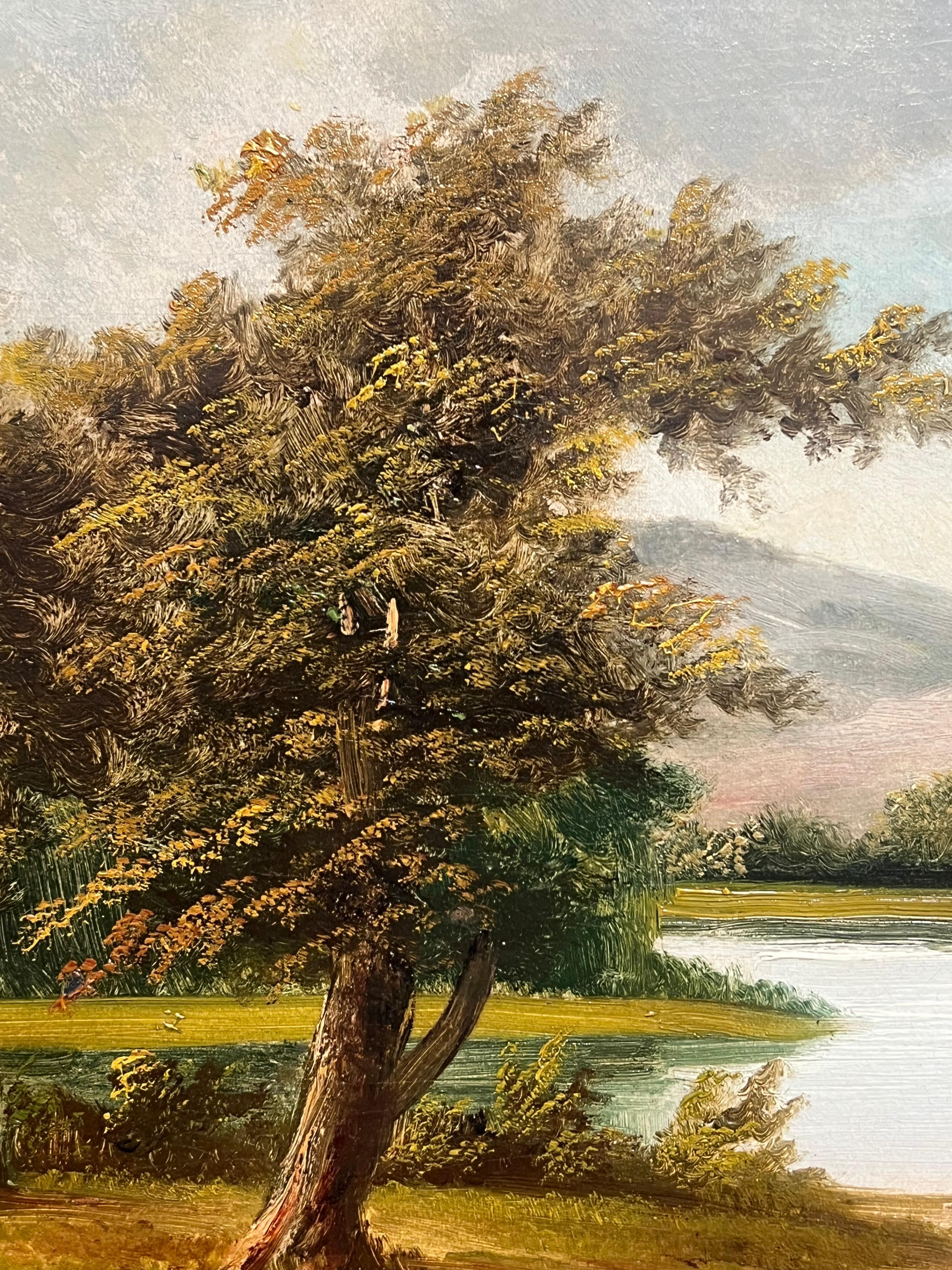 Figuren am ruhigen Flussufer mit Häuschen und Boot Klassische Landschaftsmalerei (Viktorianisch), Painting, von Antique English 